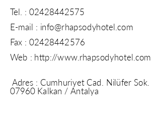 Rhapsody Boutique Hotel iletiim bilgileri